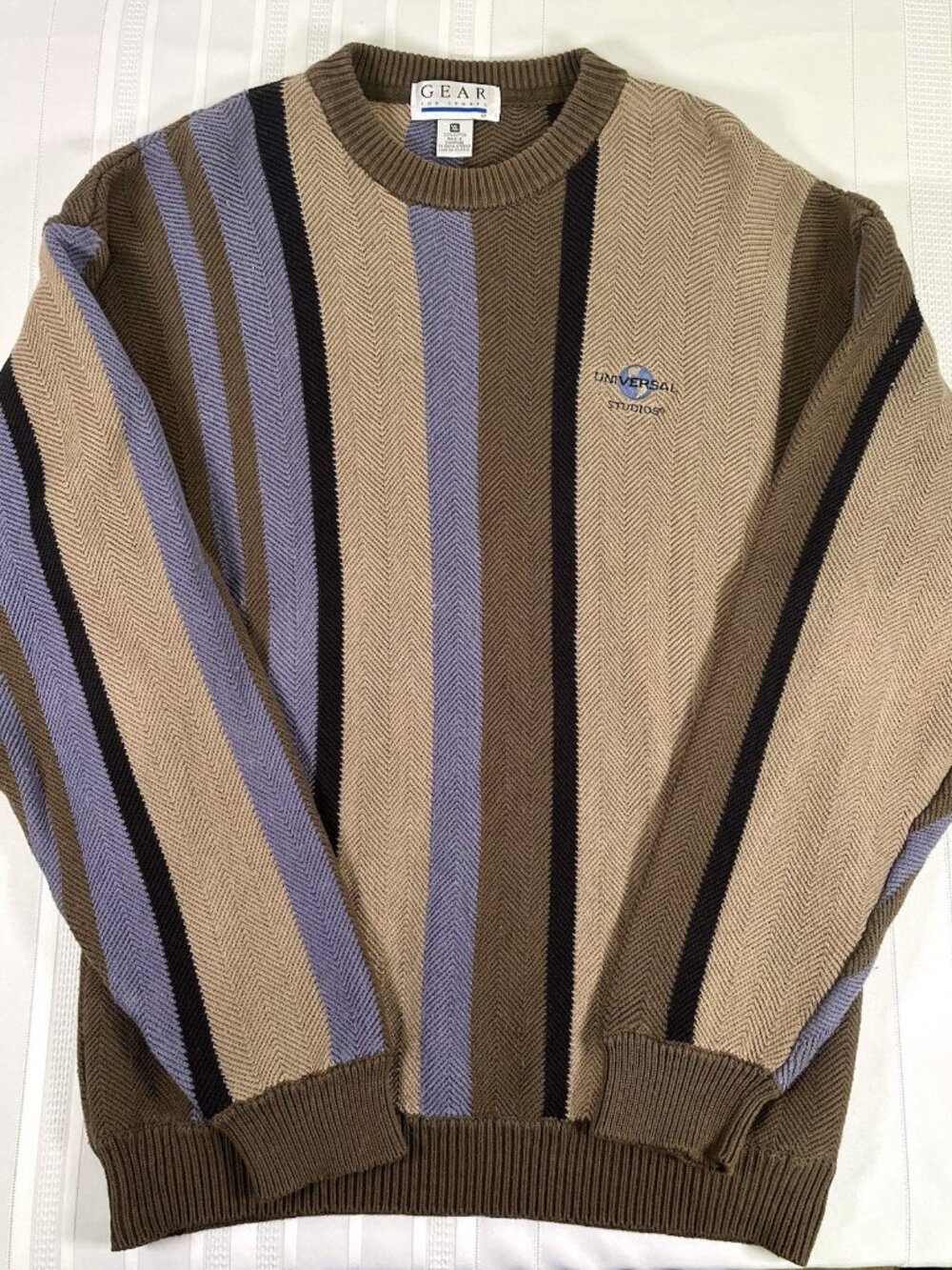 Vintage Universal Studios Knit Sweater Mens XL Brown Cosby Striped Grandpa